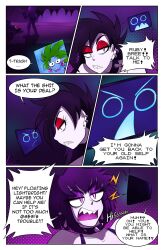black_hair blue_skin bree_(gacha_gotcha) choker comic corruption dialogue eyeshadow gacha_gotcha gothification green_hair kobi94 lilith_(gacha_gotcha) long_hair pale_skin sharp_teeth short_hair snip_(gacha_gotcha) speech_bubble text