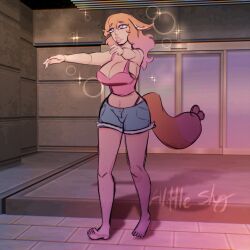  alittleshyart barefoot blue_eyes breasts cat_ears cat_girl cat_tail cleavage crop_top empty_eyes expressionless female_only femsub jean_shorts large_breasts large_lips long_hair midriff orange_hair outdoors pink_hair purple_eyes short_shorts shorts solo standing tank_top watermark zombie_walk 
