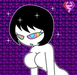  black_hair expressionless eyelashes femsub heart heavy_eyelids hypnoscream jucika jucika_(series) kaa_eyes large_breasts leaning_forward multicolored_eyes nude short_hair simple_background solo sparkle white_skin 