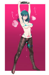  arms_above_head before_and_after bikini blush breasts breath byleth_eisner crotch_tattoo dazed empty_eyes erect_nipples erect_nipples_under_clothes fire_emblem fire_emblem_three_houses gradient_background green_hair long_hair micro_bikini navel nintendo pantyhose pink_eyes purple_eyes pussy_juice ring_fit sex_toy simple_background sweat tattoo trembling ukimukai vibrator 