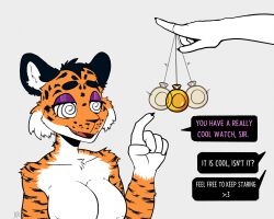 cleavage collarbone dialogue eyeshadow femsub furry julia_(memes) large_breasts maledom open_mouth orange_skin original pendulum pocket_watch roden_the_red simple_background speech_bubble spiralwash_eyes text tiger_girl topless white_skin