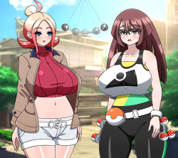 blue_eyes brown_eyes brown_hair drool empty_eyes female_only femsub glasses jacket large_breasts long_hair midriff navel nintendo open_mouth pendulum pokemon pokemon_champions pokemon_legends_z-a short_hair shorts standing taunie_(pokemon) yensh