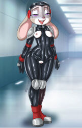  absurdres bodysuit boots breasts buck_teeth bunny_girl crotch_cutout disney el_oztoatl empty_eyes exhibitionism exposed_chest female_only femsub furry heavy_eyelids helmet judy_hopps large_hips latex nipple_cutout nipples purple_eyes pussy signature small_breasts smile solo standing tongue tongue_out zipper zootopia 