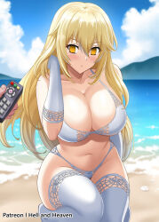  a_certain_scientific_railgun beach bikini_bottom bikini_top blonde_hair blush breasts cleavage empty_eyes expressionless female_only femsub gloves hell_and_heaven huge_breasts lace long_hair looking_at_viewer manip misaki_shokuhou misterman4_(manipper) remote_control swimsuit tagme tech_control text thighhighs 