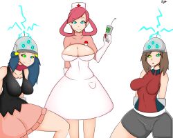  absurdres antenna blue_hair breasts brown_hair cleavage dawn female_only femdom femsub hat helmet hypnotic_accessory kaa_eyes large_breasts long_hair may mixx54 nintendo nurse nurse_joy pokemon pokemon_black_and_white pokemon_diamond_pearl_and_platinum pokemon_ruby_sapphire_and_emerald red_hair remote_control tech_control 