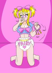 age_regression blonde_hair blush bow diaper fairy_tail female_only femsub kneeling kobi94 lucy_heartfilia pink_eyes solo thumb_sucking twintails