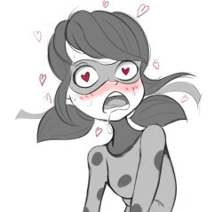 artist_request black_hair blush costume drool femsub hair_ribbon heart heart_eyes leaning_forward marinette_dupain-cheng mask miraculous_ladybug monochrome open_mouth ribbon super_hero surprised sweat symbol_in_eyes tongue twintails