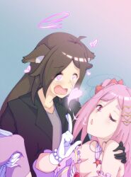 ahoge animal_ears bow brown_hair charm_(spell) coat femdom femsub gloves gojulas gradient_background heart heart_eyes kaede_(skecchyartist) long_hair magic magical_girl mina_(gojulas) open_mouth original pink_eyes pink_hair twintails wolf_girl