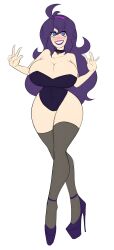  bimbofication blush breasts collar eyeshadow female_only femsub goth hair_band happy_trance hex_maniac high_heels huge_breasts large_breasts large_hips lipstick long_hair looking_at_viewer nintendo pokemon pokemon_x_and_y purple_eyes purple_hair sealguy smile solo spiral_eyes standing symbol_in_eyes thighhighs v w_arms white_background 
