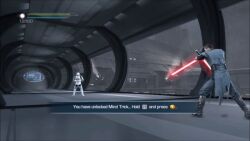  3d animated animated_gif black_hair clothed galen_marek gun helmet jedi_mind_trick lightsaber maledom malesub running standing star_wars star_wars_the_force_unleashed_2 stormtrooper text video_game 