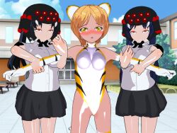  3d 3d_custom_girl animal_ears bare_shoulders black_hair blonde_hair blush bow_tie breasts drool eye_roll female_only femdom femsub gloves hypnotized_dom leopard_print leotard long_hair multiple_girls multiple_subs opera_gloves original outdoors parasite red_eyes saihate_no_majo school_uniform short_hair skirt spider tears thighhighs trapped twintails yellow_eyes 