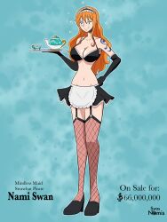 cleavage empty_eyes female_only femsub happy_trance large_breasts maid nami_(one_piece) one_piece red_hair smile solo syas-nomis tattoo tray 