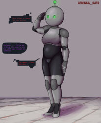 agnikka_sato bodysuit dialogue female_only femsub latex robot robot_girl robotization saluting speech_bubble tech_control text 