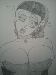 black_hair breasts character_request collar dazed femsub goth greyscale huge_breasts monochrome ring_eyes short_hair traditional zombifier