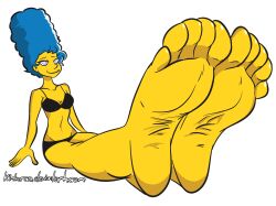 barefoot blue_hair bottomless breasts feet female_only femsub foot_focus happy_trance kimberco large_breasts marge_simpson solo spiral_eyes symbol_in_eyes text the_simpsons western yellow_skin