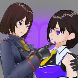  1q001 3d bare_shoulders breasts brown_hair cheerleader empty_eyes expressionless female_only femdom femsub gloves grey_background hug leotard makeup midriff multiple_girls opera_gloves original purple_eyes purple_lipstick short_hair skirt super_sentai symbol tie tight_clothing vroid 