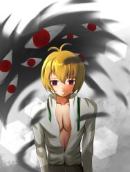 abs ahoge aura bandai_namco blonde_hair chris_chan clothed digimon digimon_beatbreak drool empty_eyes exposed_chest eye_color_change heavy_eyelids makoto_kuonji male_only malesub open_clothes open_mouth possession red_eyes ring_eyes shademon short_hair shota spiral spiral_eyes standing