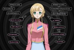  aliensdideverything_(manipper) blonde_hair clarice_garfield clothed code_geass dazed empty_eyes female_only femdom femsub glasses green_eyes large_breasts manip open_mouth spiral spiral_background text thought_bubble tied_hair 