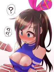 bangs blue_eyes blush breasts brown_hair censored confused crop_top empty_eyes femsub hair_band kizuna_ai long_hair multicolored_hair nipples open_clothes open_mouth organ_rn penis ponytail simple_background sweat virtual_youtuber