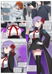 ai_art bb_(fate/extra_ccc) black_hair breasts camera comic cosplay costume dialogue english_text faceless_male fate/extra_ccc fate/grand_order fate_(series) gloves hand_on_hip kodawarite_(generator) large_breasts long_hair no_eyes one_eye_open orange_eyes orange_hair outdoors purple_eyes purple_hair ritsuka_fujimaru_(female) short_hair smoke speech_bubble text thighhighs v wink