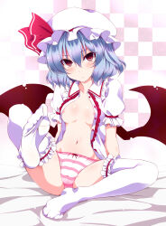 blue_hair breasts demon_girl empty_eyes feet female_only femsub hat large_breasts manip monster_girl open_clothes panties remilia_scarlet short_hair solo thighhighs touhou underwear vanndril_(manipper) wings