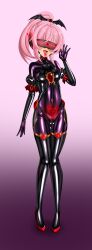 antenna bangs blush bodysuit cameltoe collar crotch_tattoo drool female_only femsub fingerless_gloves gloves gradient_background hair_ornament headphones latex open_mouth opera_gloves original pikohirosi22 pink_background pink_hair ponytail purple_background rubber shoes simple_background simulated_fellatio small_breasts solo standing tattoo tech_control thigh_gap thighhighs tight_clothing tongue tongue_out visor