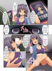  breast_grab breasts cleavage collarbone comic eizan_(mc) glasses groping heterosexual instant_hypnosis! jacket large_breasts meguro_saori open_mouth purple_eyes purple_hair pussy_juice smile text tracksuit unhappy_trance 