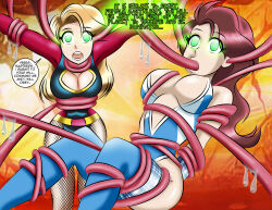  absurdres blonde_hair brain_injection breasts cleavage drool ear_sex femsub fishnets glowing glowing_eyes green_eyes large_breasts long_hair original red_hair super_hero tentacle_in_mouth tentacles text thighhighs zorro-zero 