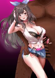  absurdres armpits balls blush bra breasts brown_hair censored cleavage clothed clothed_exposure condom condom_accessories crotch_tattoo dark_skin earrings erect_nipples erect_nipples_under_clothes eyebrows_visible_through_hair eyelashes eyeshadow femsub glowing gradient_background hair_ribbon handjob heart huge_breasts jewelry kogane_tsukioka large_penis leopard_print light_skin lipstick long_hair long_nails makeup maledom midriff nail_polish navel nipples open_mouth panties penis perianist pink_eyes ponytail ribbon shirt short_skirt simple_background skirt skirt_lift tattoo the_idolm@ster the_idolm@ster:_shiny_colors thighs tied_shirt tongue underwear 