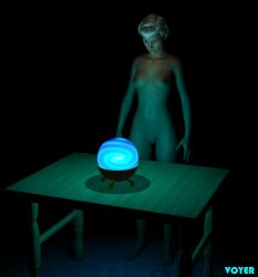  3d barefoot bottomless breasts crystal_ball feet female_only femsub hypnotic_orb nude orb original short_hair spiral standing standing_at_attention table topless voyer white_hair 