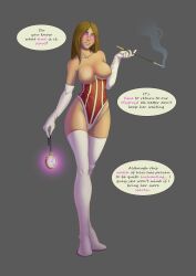  absurdres bare_breasts bare_shoulders breasts breasts_outside brown_hair corset female_only gloves glowing_eyes hypnotic_accessory hypnotized_dom hypnotized_hypnotist kaunedraws opera_gloves original pocket_watch pov pov_sub purple_eyes simple_background smoke smoking speech_bubble standing tagme text thigh_boots thighhighs 