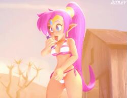  3d animated bikini blue_eyes blush breasts cleavage dark_skin dazed earrings elf_ears empty_eyes expressionless female_only femsub flame huge_hips hypnotic_light jewelry large_breasts masturbation open_mouth purple_hair ridley_(artist) shantae shantae_(series) simulated_handjob source_filmmaker tongue tongue_out very_long_hair video watermark 