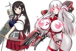 774_(nanashi) abyssal_fleet akagi_(kantai_collection) before_and_after breasts corruption evil_smile femsub fishnets kantai_collection large_breasts red_eyes smile