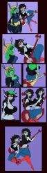 adventure_time black_hair boots breast_expansion breasts cleavage clone comic elf_ears evil_smile female_only femdom femsub green_skin guitar huntress_wizard hypnotic_eyes instrument large_breasts long_hair lordebonfuze marceline pale_skin smile thigh_boots thong transformation twinning vampire 