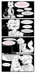 business_suit cat_girl chair comic computer dialogue femdom femsub furry office office_lady pawberry serval_girl sitting smile smirk speech_bubble tie transfem transgender_identity unusual_pupils
