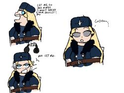 blonde_hair blue_eyes capcom chair clothed comic english_text female_only femsub hat instant_loss kolin needleman resisting restrained sequence static_eyes street_fighter text white_background white_skin