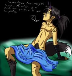 black_hair bottomless bulge demon_boy empty_eyes erection expressionless green_eyes horns hypnogoat666 long_hair magic male_only malesub nude open_mouth original penis solo spiral tattoo text topless translated zatara_(hypnogoat666)