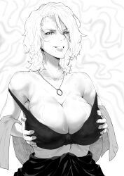  18gtama bleach breasts cleavage clothed female_only femsub milf mole monochrome necklace rangiku_matsumoto ring short_hair solo spiral spiral_eyes symbol_in_eyes 