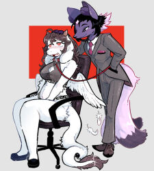  blush business_suit corporatification femdom femsub furry leash open_mouth pawberry purple_eyes red_eyes sitting smile spiralwash_eyes standing tie wings 