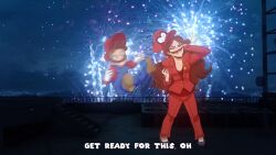 blue_eyes brown_hair cappy closed_eyes dancing ginjaninjaowo hat hypnotic_accessory maledom mario nintendo pauline possession resisting screenshot size_difference super_mario_bros. super_mario_odyssey text