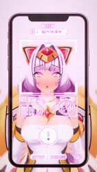  3d azalyn bare_shoulders blush breasts cell_phone cleavage corruption dazed drool eye_roll fake_animal_ears female_only femsub gloves glowing_eyes hair_ornament hypnotic_app japanese_text jewelry koikatsu! kouyoku_senki_exs-tia large_breasts moawi1 open_mouth opera_gloves phone pink_eyes purple_hair solo tech_control text yellow_eyes 