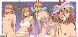  absurdres blonde_hair bottomless bra brushie_art chainsaw_man dazed female_only femsub gradient_background happy_trance horns kaa_eyes long_hair nude panties pendulum phantom_hand ping power_(chainsaw_man) shrunken_irises simple_background sitting smile spiral standing topless trembling underwear 