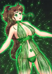 breasts cleavage empty_eyes eyeshadow female_only gradient_background hadant large_breasts lipstick makeup midriff navel navel_piercing sailor_jupiter sailor_moon_(series) signature simple_background solo tattoo very_long_hair watermark