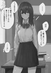 breasts comic drool empty_eyes expressionless female_only femsub greyscale looking_at_viewer mayonaka open_mouth original shirt skirt solo text translated trigger