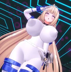  3d ahoge before_and_after belt blonde_hair blush bodysuit cameltoe censored choker custom_maid_3d_2 empty_eyes erect_nipples erect_nipples_under_clothes eye_roll femsub garter gloves large_breasts long_hair looking_at_viewer open_mouth original pink_eyes saluting setonoyorimiti standing straight-cut_bangs sword thick_thighs very_long_hair virus weapon 