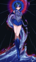  a.m. absurdres bare_legs blue_hair breasts choker corruption earrings expressionless female_only glowing knee-high_boots looking_at_viewer magical_girl opera_gloves red_eyes ribbon sailor_mercury sailor_moon_(series) short_hair short_skirt skirt solo symbol water 