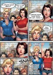 ai_art altered_common_sense belt blonde_hair brown_hair cleavage clothed comic dazed denial english_text femsub fortunadoe_(generator) instant_loss jeans midriff multiple_girls multiple_subs navel short_hair shorts shrunken_irises speech_bubble stage_hypnosis standing text