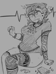  choker crossed_eyes dazed drool empty_eyes eyebrows_visible_through_hair goth hypnotic_audio hypnotic_screen offlineapril panties phone piercing shirt sketch tattoo text thick_thighs 