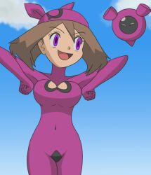 asatuyu bandana bodysuit bouncing_breasts breasts brown_hair cleavage_cutout happy_trance huge_breasts long_hair may mochi_dance nintendo pecharunt pokemon pokemon_(anime) pokemon_ruby_sapphire_and_emerald purple_eyes smile