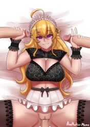  absurdres aestheticc-meme ahoge blonde_hair bottomless breasts cleavage double_handjob femsub group_sex handjob happy_trance heart heart_eyes icontrol_(manipper) large_breasts long_hair looking_at_viewer maid maid_headdress maledom manip miniskirt multiple_penises penis rwby sex skirt smile symbol_in_eyes thighhighs v vaginal yang_xiao_long 